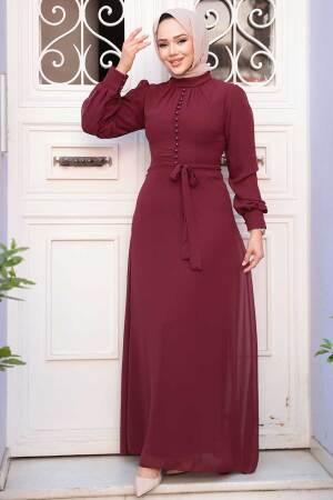 Neva Style - Düğme Detaylı Vişne Tesettür Elbise 2703VSN 