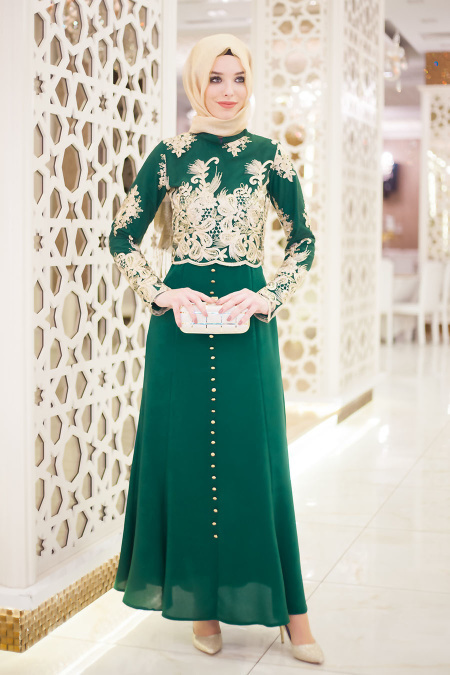 Neva Style - Düğme Detaylı Yeşil Tesettür Abiye Elbise 5355Y
