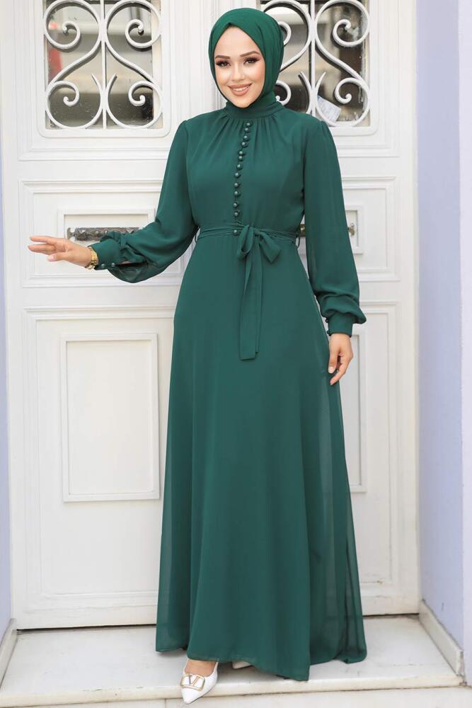 Neva Style - Düğme Detaylı Yeşil Tesettür Elbise 2703Y - 1