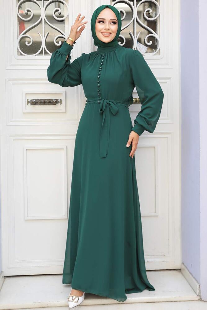 Neva Style - Düğme Detaylı Yeşil Tesettür Elbise 2703Y - 2