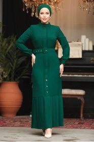 Neva Style - Düğme Detaylı Yeşil Tesettür Elbise 57451Y - Thumbnail