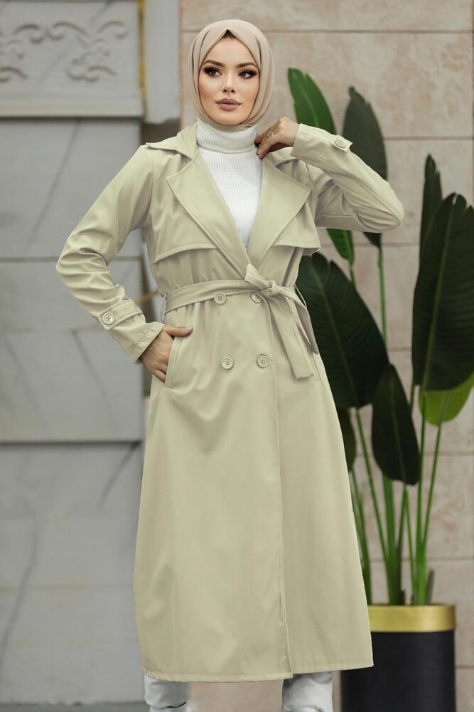 Neva Style - Düğmeli Açık Haki Tesettür Trençkot 6103AHK - 1