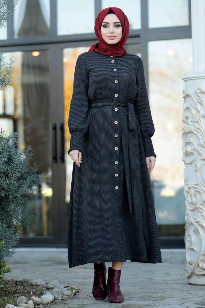 Neva Style - Düğmeli Antrasit Tesettür Fitilli Kadife Elbise 20206AST - 1