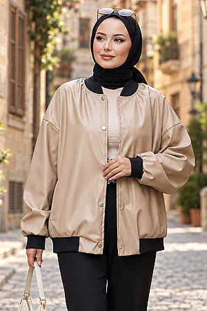  Düğmeli Bej Tesettür Deri Ceket 9264BEJ - NEVA STYLE