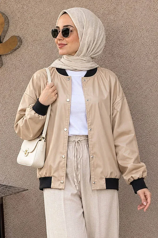  Düğmeli Bej Tesettür Deri Ceket 9264BEJ - 1