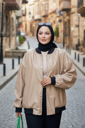  Düğmeli Bej Tesettür Deri Ceket 9264BEJ - NEVA STYLE