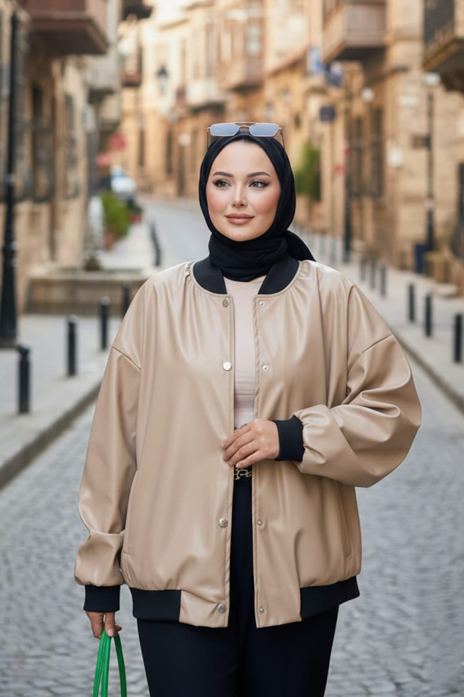  Düğmeli Bej Tesettür Deri Ceket 9264BEJ - NEVA STYLE