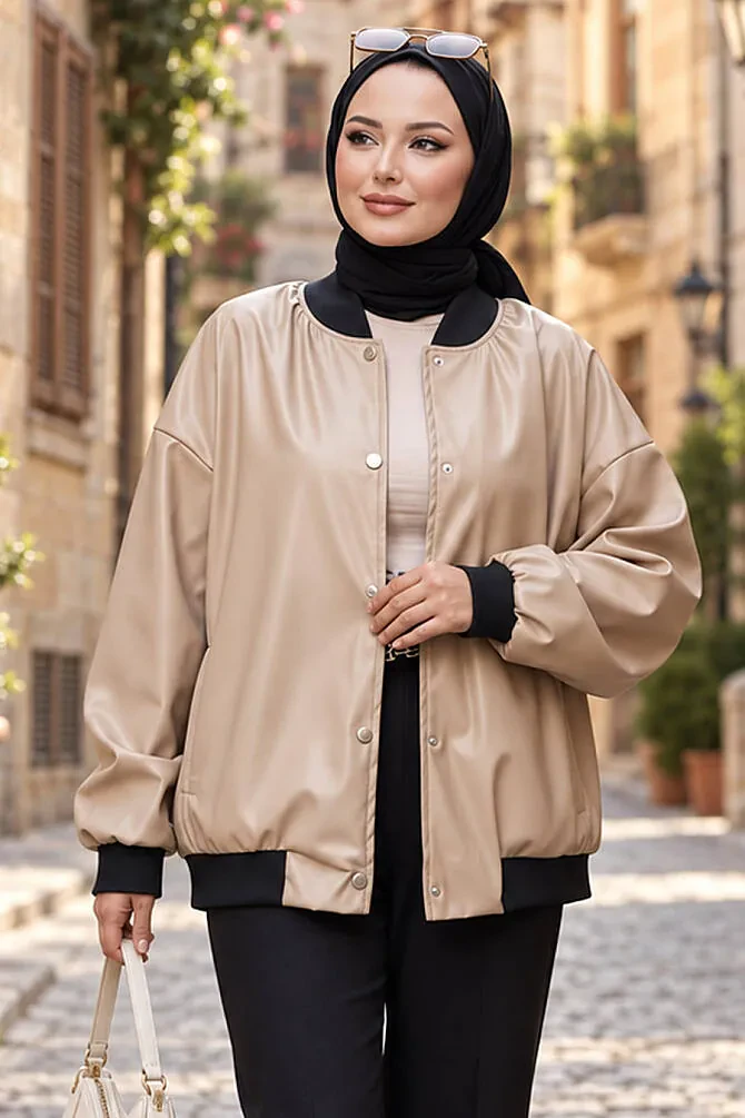  Düğmeli Bej Tesettür Deri Ceket 9264BEJ - NEVA STYLE