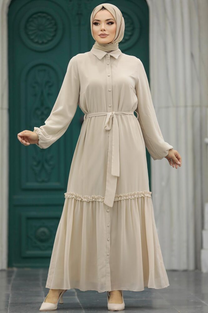 Neva Style - Düğmeli Bej Tesettür Elbise 12443BEJ - 1