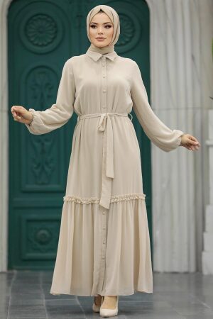 Neva Style - Düğmeli Bej Tesettür Elbise 12443BEJ - 2