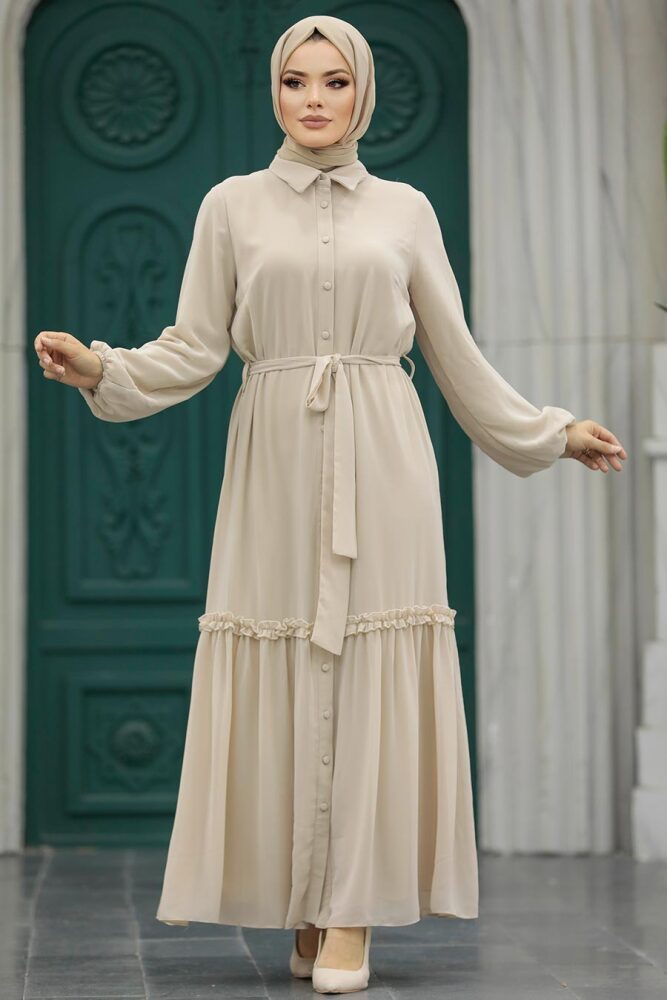 Neva Style - Düğmeli Bej Tesettür Elbise 12443BEJ - 2