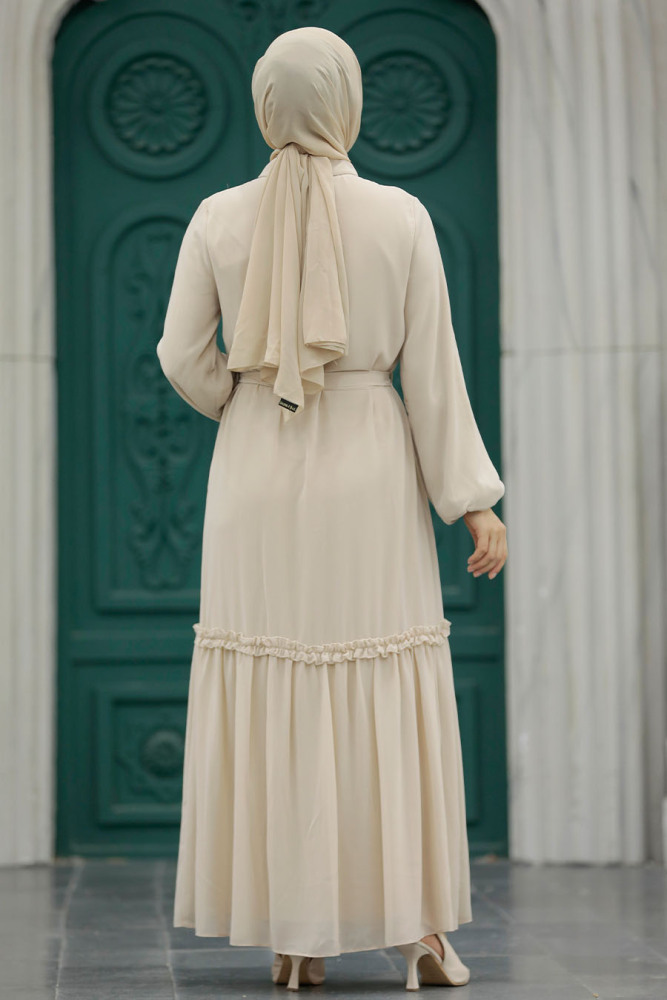 Neva Style - Düğmeli Bej Tesettür Elbise 12443BEJ - 3
