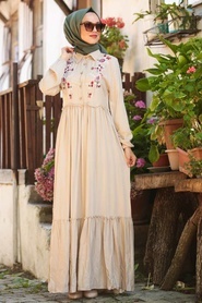 Neva Style - Düğmeli Bej Tesettür Elbise 2882BEJ - Thumbnail