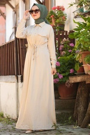 Neva Style - Düğmeli Bej Tesettür Elbise 2973BEJ - Thumbnail