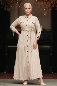 Neva Style - Düğmeli Bej Tesettür Elbise 40971BEJ - Thumbnail
