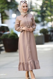 Neva Style - Düğmeli Bej Tesettür Elbise 456BEJ - Thumbnail