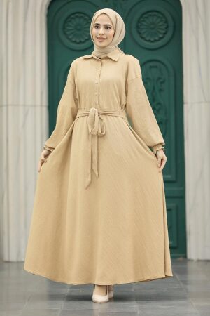 Neva Style - Düğmeli Bej Tesettür Elbise 5858BEJ - 1