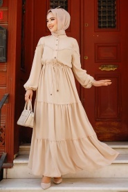 Neva Style - Düğmeli Bej Tesettür Elbise 63250BEJ - Thumbnail