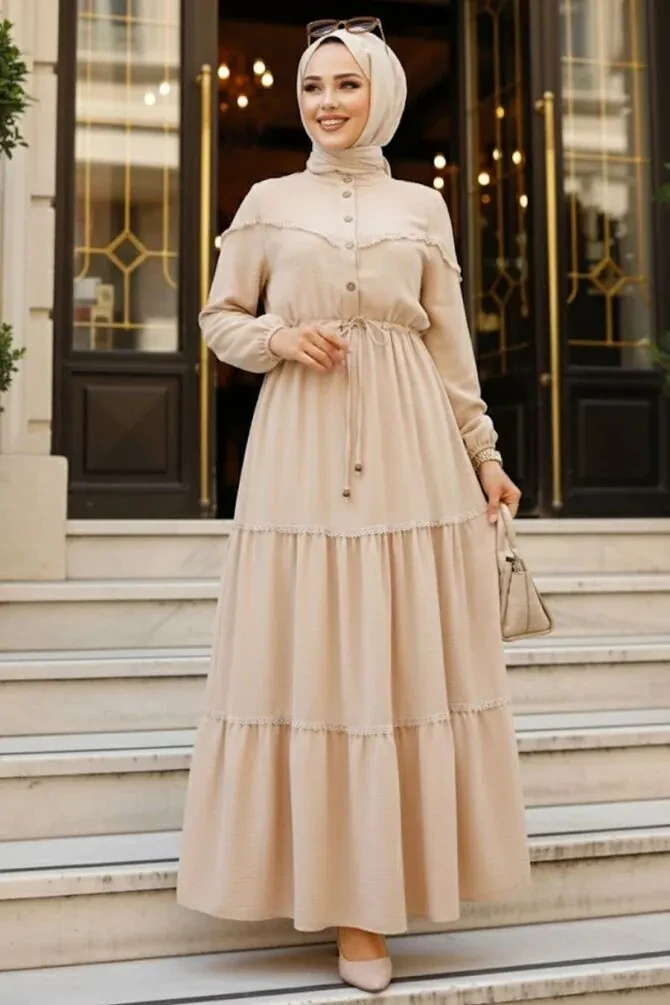  Düğmeli Bej Tesettür Elbise 63250BEJ - 1