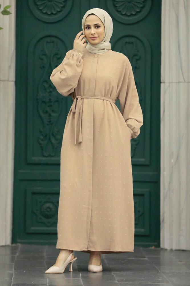 Neva Style - Düğmeli Bej Tesettür Ferace 88681BEJ - NEVA STYLE