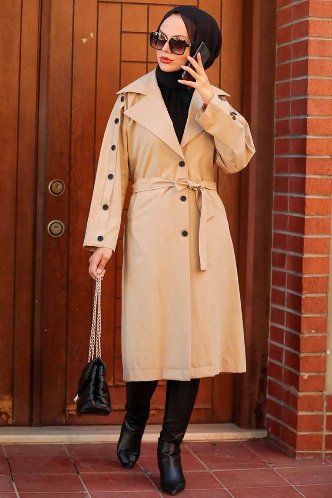 Neva Style - Düğmeli Bej Tesettür Trençkot 8919BEJ - 3