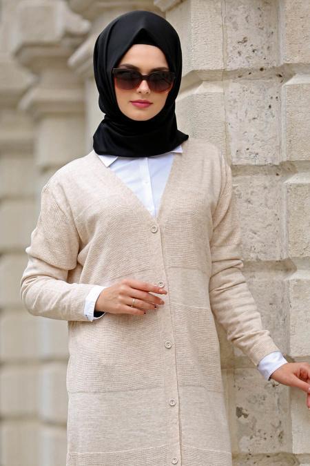 Neva Style - Düğmeli Bej Tesettür Triko Hırka 15033BEJ - 2