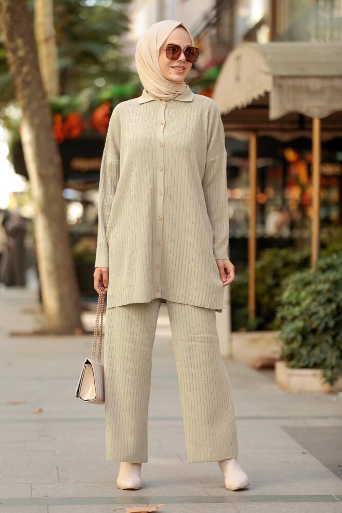 Neva Style - Düğmeli Bej Tesettür Triko İkili Takım 33860BEJ - 1