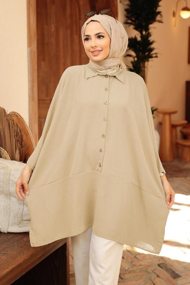 Neva Style - Düğmeli Bej Tesettür Tunik 1092BEJ - 1