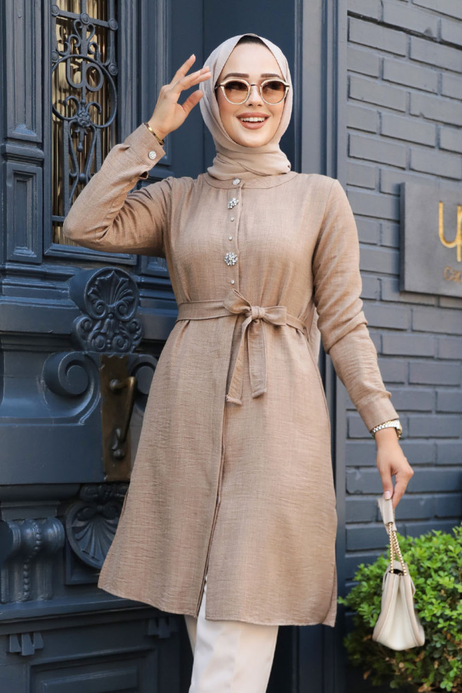  Düğmeli Bej Tesettür Tunik 658BEJ - 1