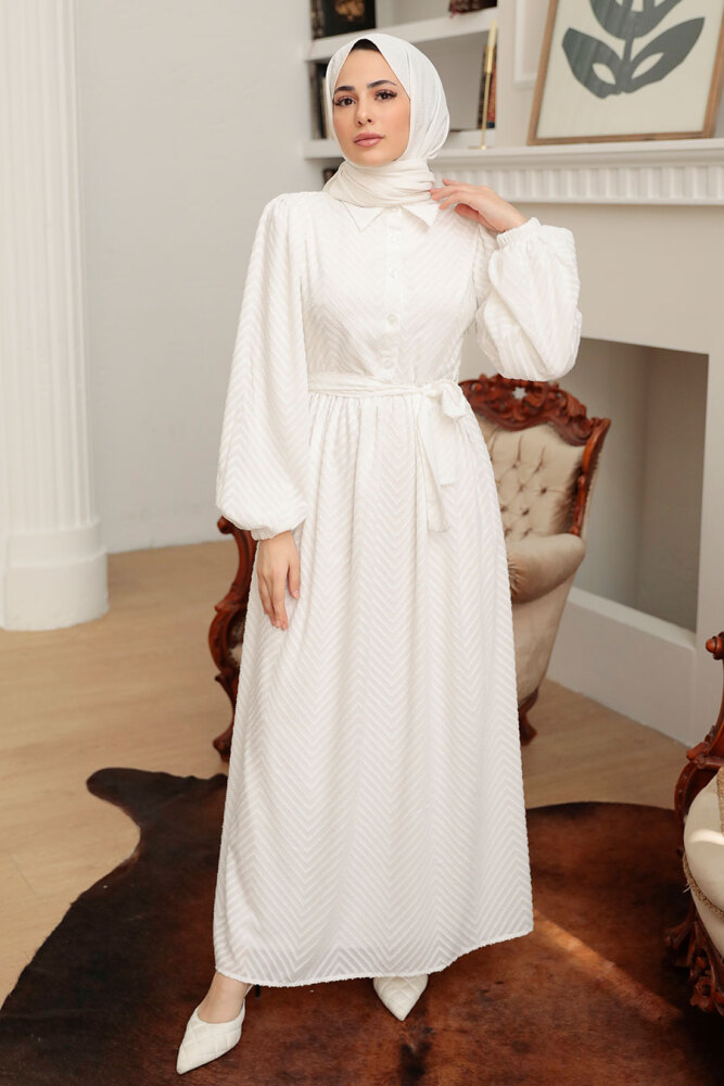 Neva Style - Düğmeli Beyaz Tesettür Elbise 13390B - 2