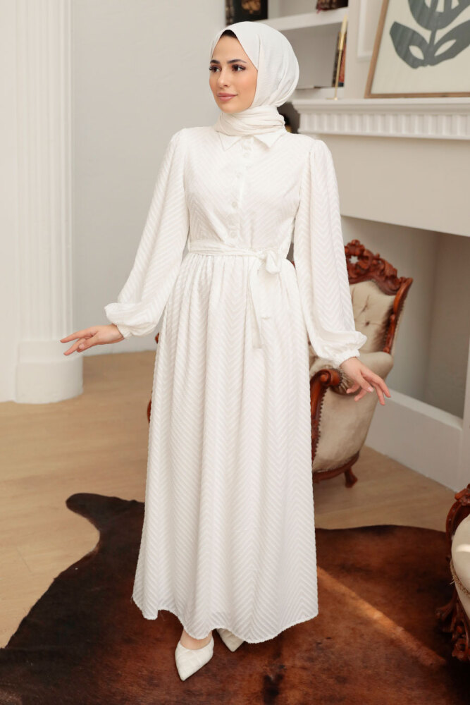 Neva Style - Düğmeli Beyaz Tesettür Elbise 13390B - 1