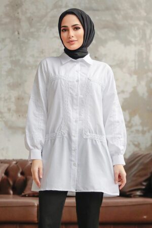 Neva Style - Düğmeli Beyaz Tesettür Gömlek 1090B - 2