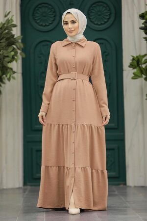 Neva Style - Düğmeli Bisküvi Tesettür Elbise 5849BS - 1