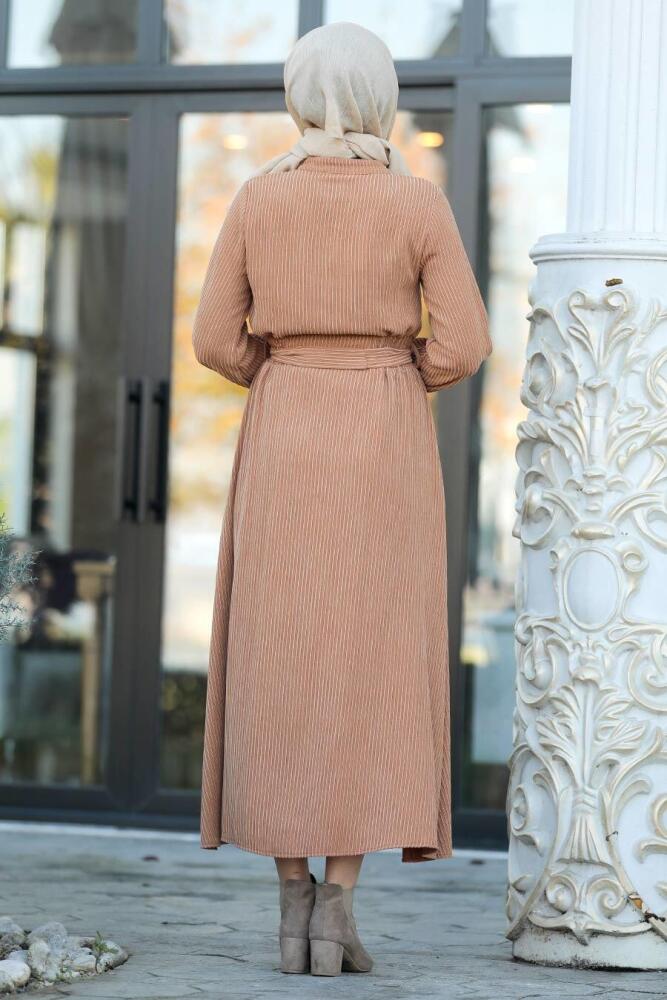 Neva Style - Düğmeli Bisküvi Tesettür Fitilli Kadife Elbise 20206BS - 2
