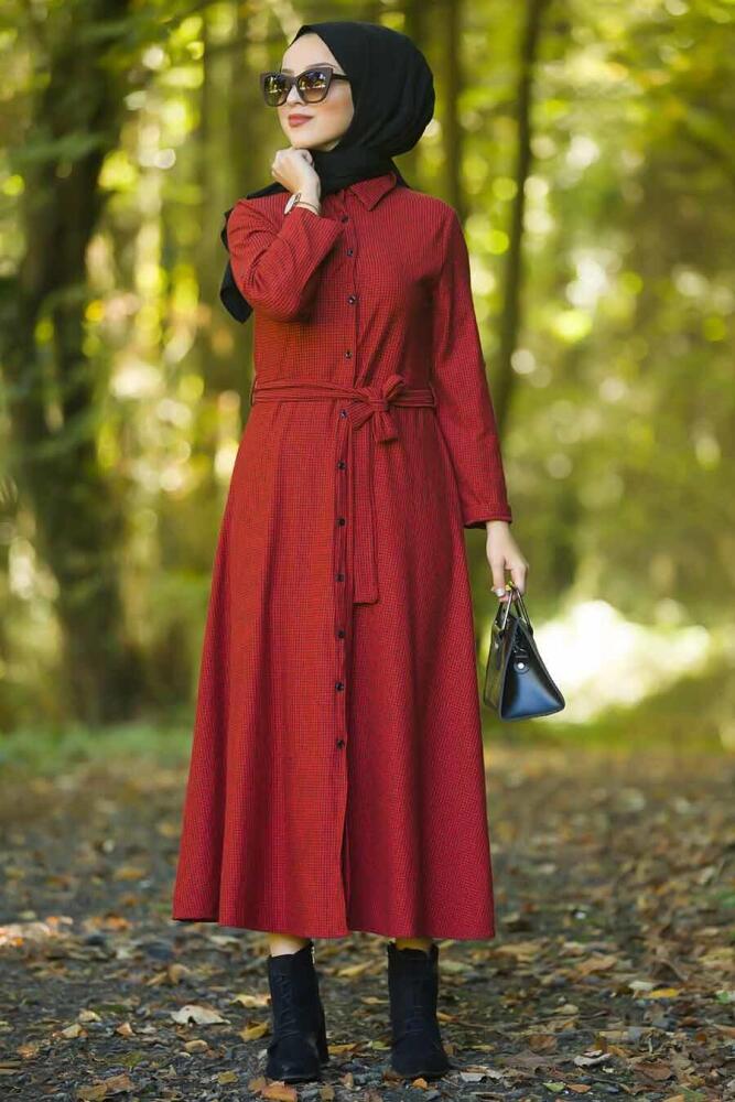 Neva Style - Düğmeli Bordo Tesettür Elbise 534BR - 1