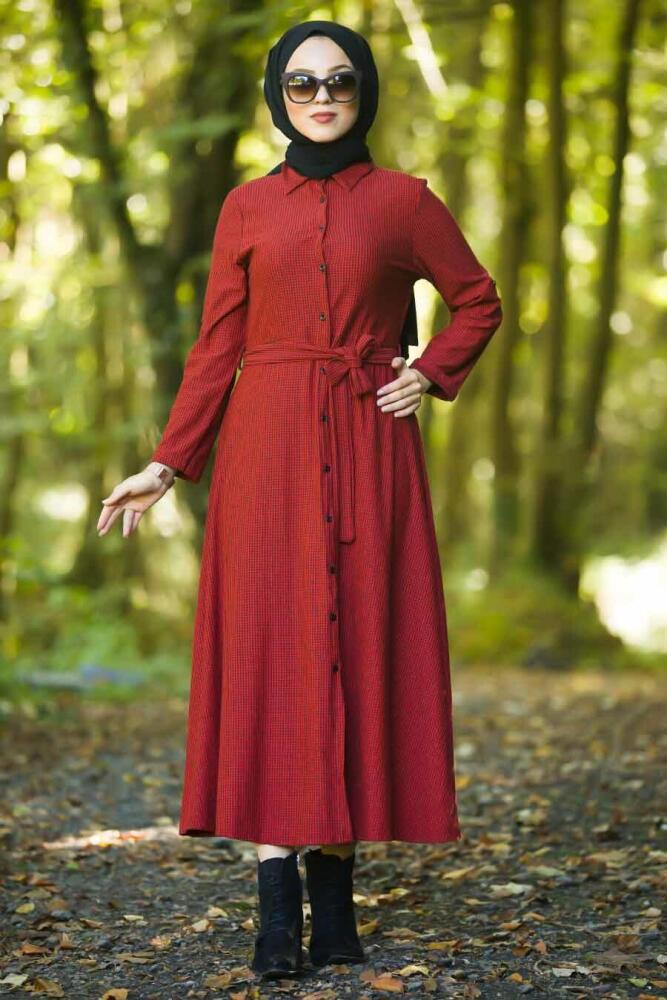 Neva Style - Düğmeli Bordo Tesettür Elbise 534BR - 2