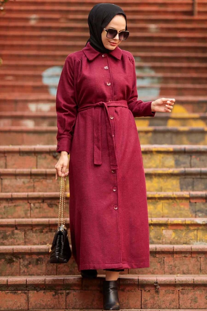 Neva Style - Düğmeli Bordo Tesettür Kaşe Kap 4554BR - 2