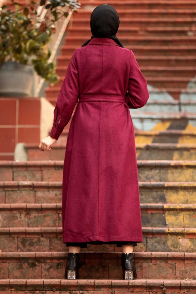 Neva Style - Düğmeli Bordo Tesettür Kaşe Kap 4554BR - 3