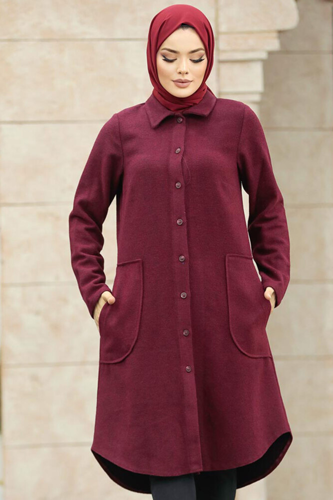 Neva Style - Düğmeli Bordo Tesettür Kaşe Tunik 5951BR - 4