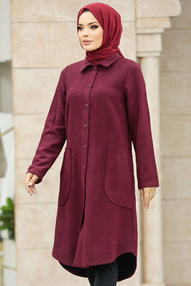 Neva Style - Düğmeli Bordo Tesettür Kaşe Tunik 5951BR - 1