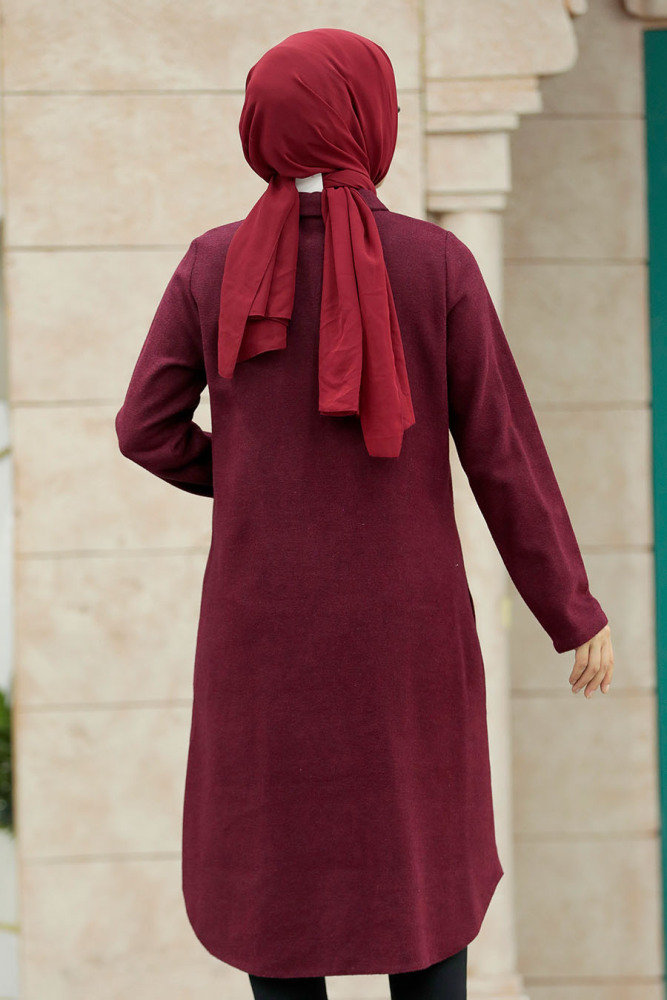 Neva Style - Düğmeli Bordo Tesettür Kaşe Tunik 5951BR - 5