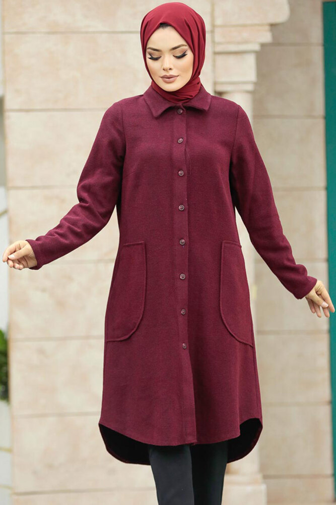  Düğmeli Bordo Tesettür Kaşe Tunik 5951BR - 3