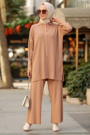 Neva Style - Düğmeli Bisküvi Tesettür Triko İkili Takım 33860BS - 2