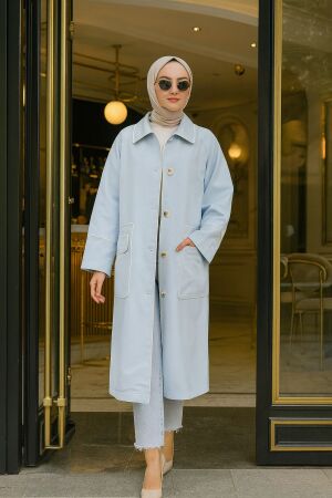 Neva Style - Düğmeli Buz Mavisi Tesettür Trençkot 9206BUZM - 1