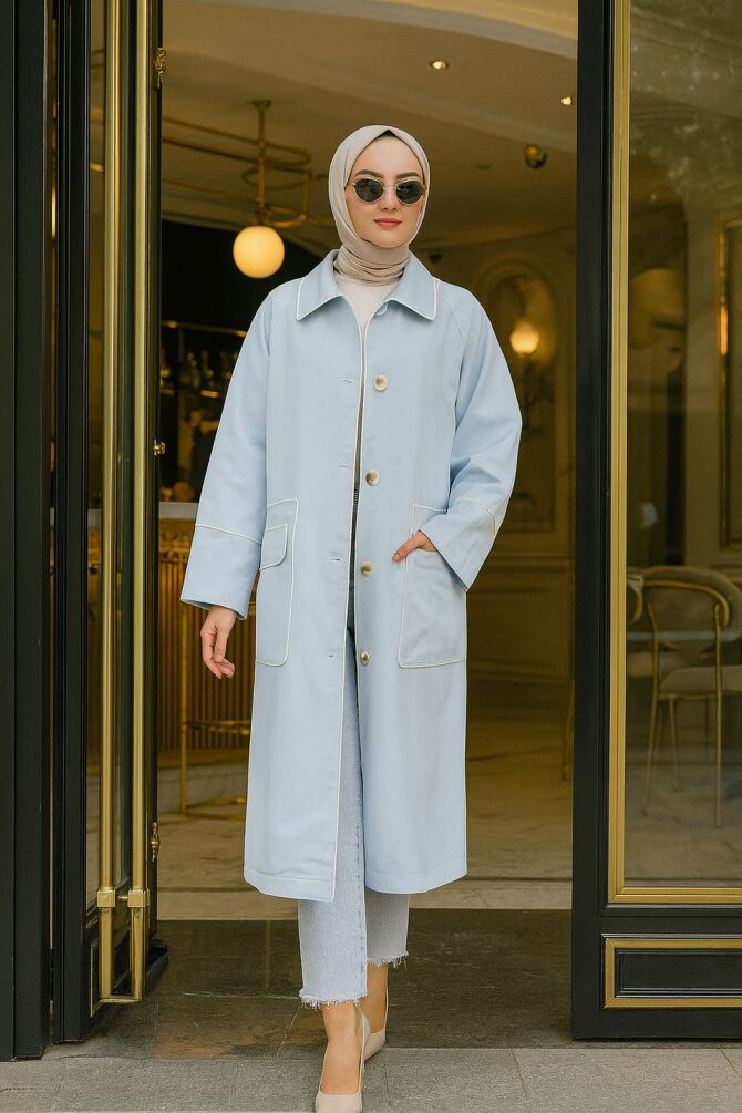 Neva Style - Düğmeli Buz Mavisi Tesettür Trençkot 9206BUZM - 1