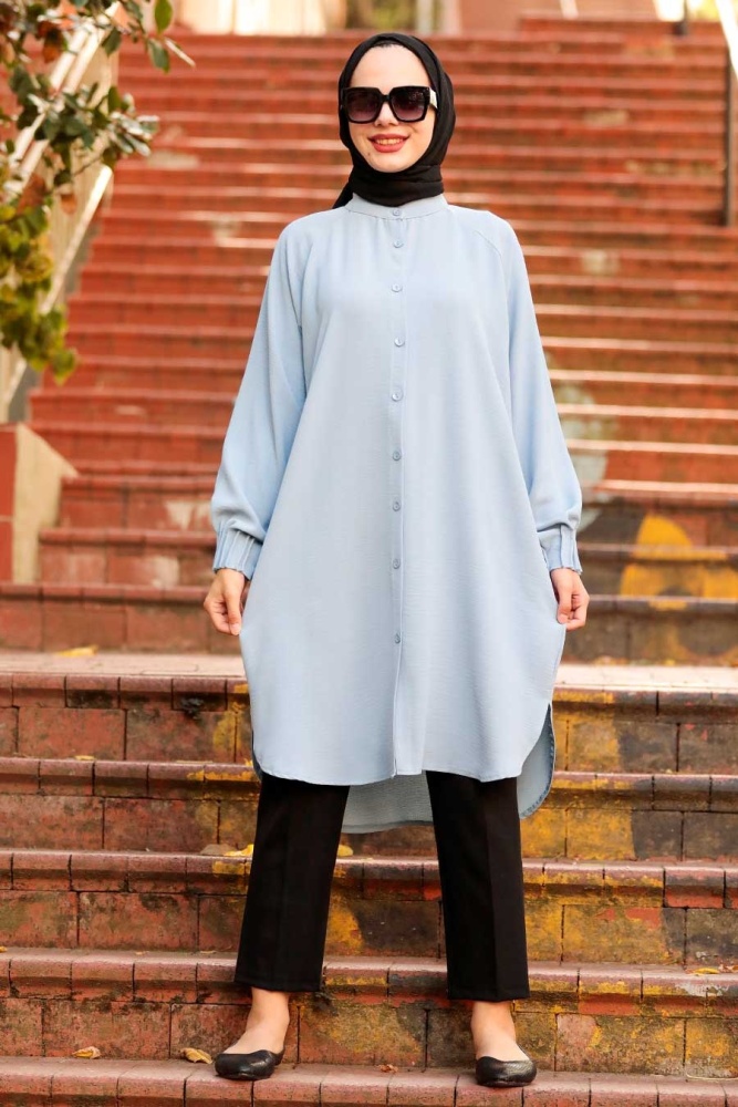 Neva Style - Düğmeli Buz Mavisi Tesettür Tunik 2433BM - 1