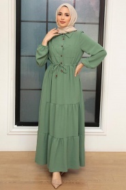 Neva Style - Düğmeli Çağla Yeşili Tesettür Elbise 5720CY - Thumbnail