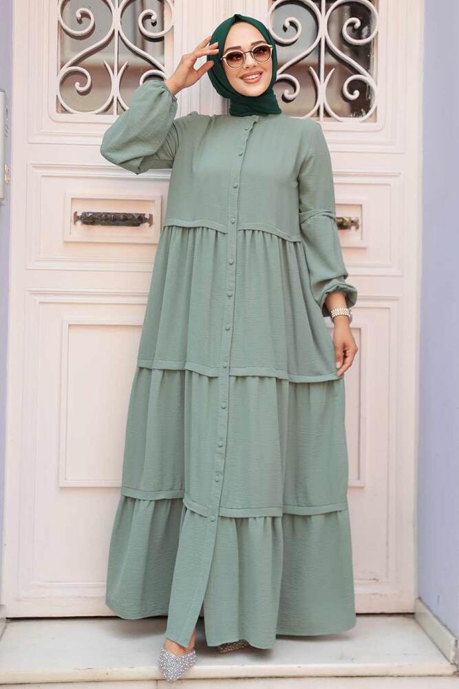 Neva Style - Düğmeli Çağla Yeşili Tesettür Elbise 5850CY - 1