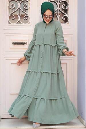 Neva Style - Düğmeli Çağla Yeşili Tesettür Elbise 5850CY - 2
