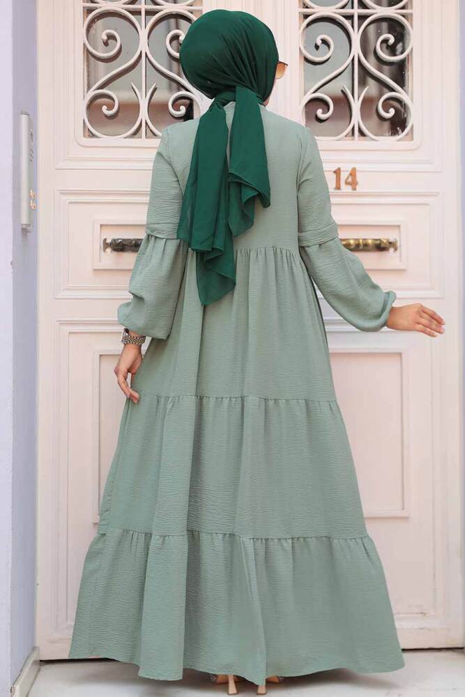 Neva Style - Düğmeli Çağla Yeşili Tesettür Elbise 5850CY - 3